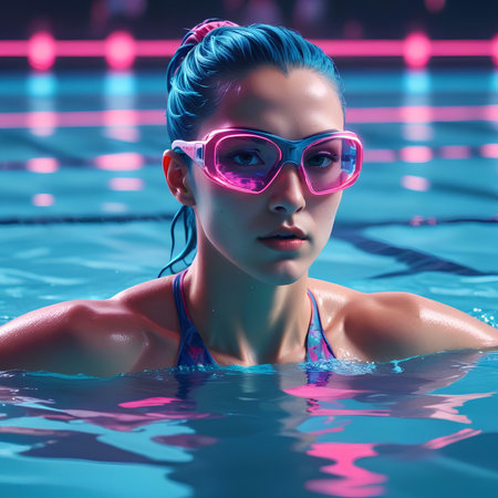 3d rendering of a beautiful young woman in swimming pool with pink glassesの素材
