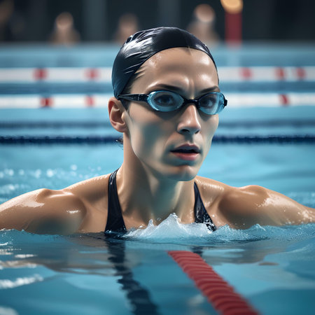 Portrait of female swimmer in goggles and cap swimming in poolの素材