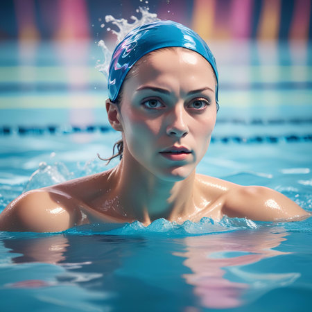 Portrait of a beautiful young woman swimming in the pool. Sport and health.の素材