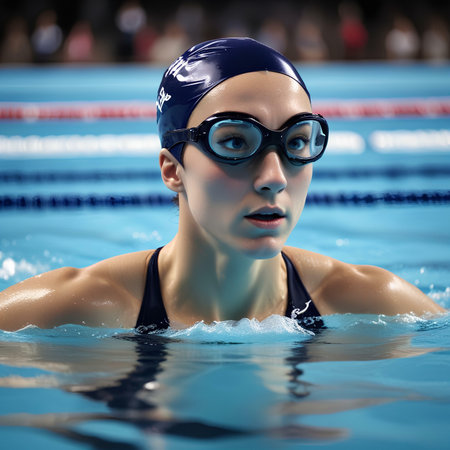 Portrait of a female swimmer in swimming cap and goggles.の素材