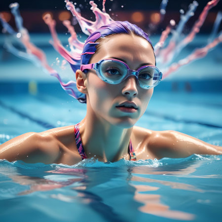 Portrait of a beautiful young woman swimming in the pool. Sport and health.の素材