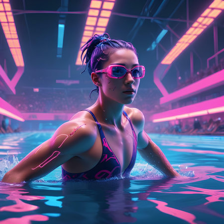 3d illustration of a beautiful young woman in swimming pool with neon lightsの素材
