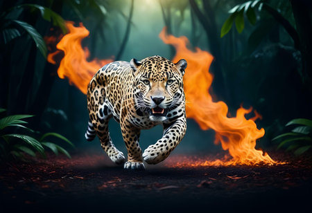Jaguar running in the forest with fire. 3d renderingの素材