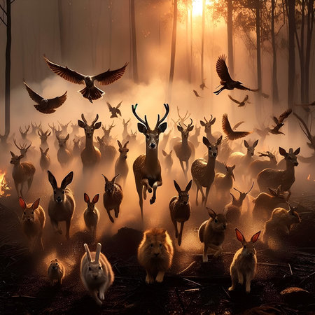 Deer flock in the forest in the fog. 3d renderingの素材