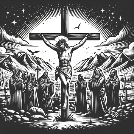 Crucifixion of Jesus Christ in the night sky. vector illustrationの素材