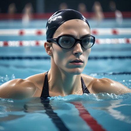 Portrait of a female swimmer wearing glasses and cap standing in a swimming pool.の素材