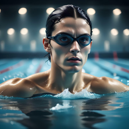 Portrait of a young man swimming in the pool. Sport and health.の素材