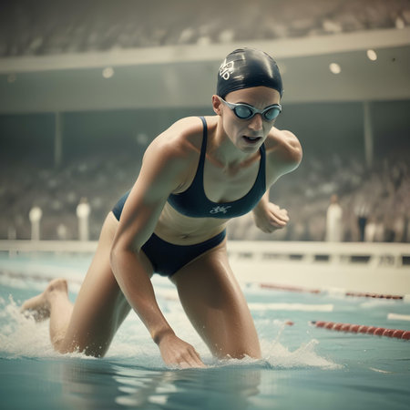 Female swimmer at the swimming pool. Photo in old color image style.の素材