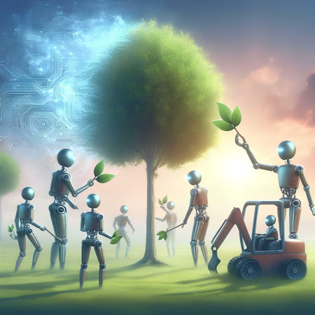 Conceptual image of human robots and trees in the field.の素材