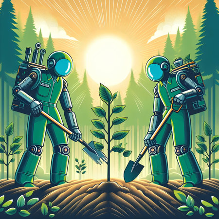 Two workers with shovels on the background of the forest. Vector illustration.の素材