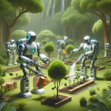 Robot watering plants in the forest. 3d render illustration.の素材