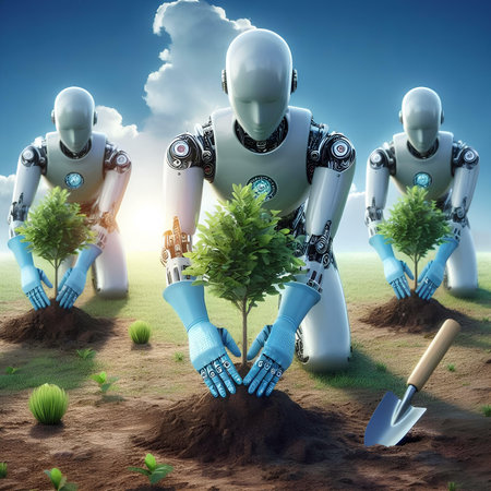 Robot planting a tree in a fertile land, 3d renderの素材