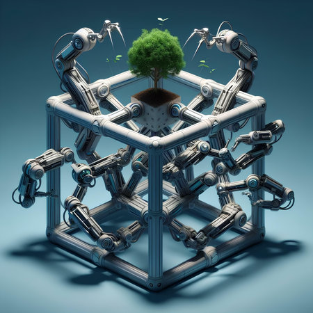 3d rendering robot with green plant in the pot on blue backgroundの素材