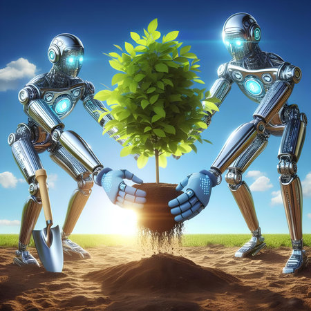 Robot planting a tree in the desert. 3D rendering.の素材