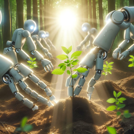 3d render of a group of robots working on a green plantの素材