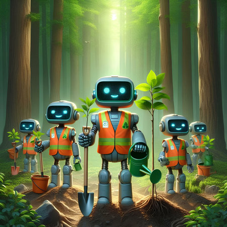 Group of robots working in the forest - 3d render illustration.の素材