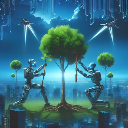 Robot and human trees in the city. This is a 3d render illustrationの素材