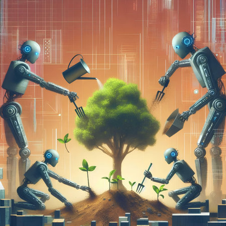 3d rendering of group of robots watering a tree in the gardenの素材