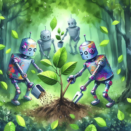 Robots in the forest. Digital painting. Cartoon style. Vector illustration.の素材
