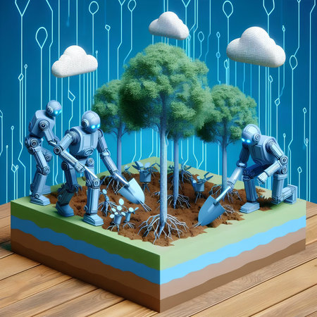 3D render of a group of robots with a tree in the backgroundの素材