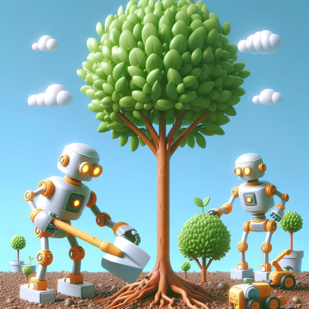 Robot and green tree with blue sky background, 3d renderの素材