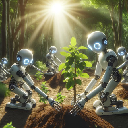 3d rendering of a group of robots with a green plant in the forestの素材