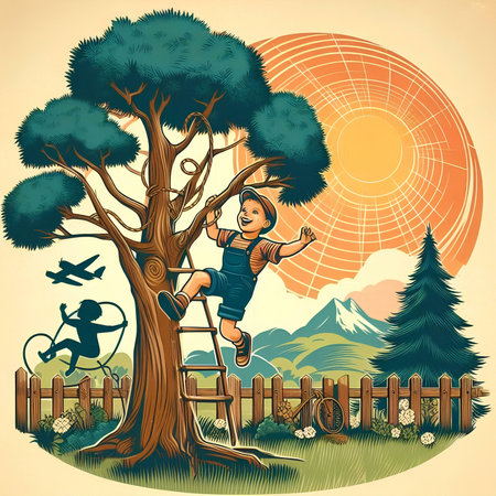 Boy climbing on the tree. Vector illustration in retro style. Boy climbing on the tree.の素材