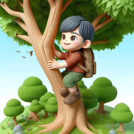 3D Render of Little boy with backpack climbing a tree in the forestの素材
