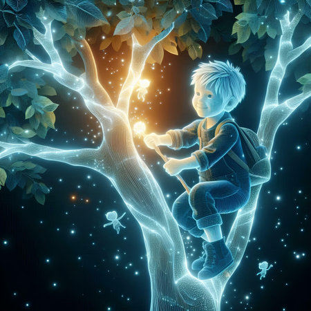 3d illustration of boy sitting on tree with magic light and starsの素材