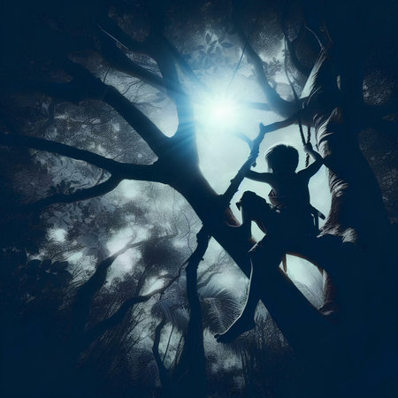 Silhouette of a girl on a tree in the forest.の素材