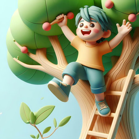 3d illustration of happy boy climbing on tree with ball and ladderの素材