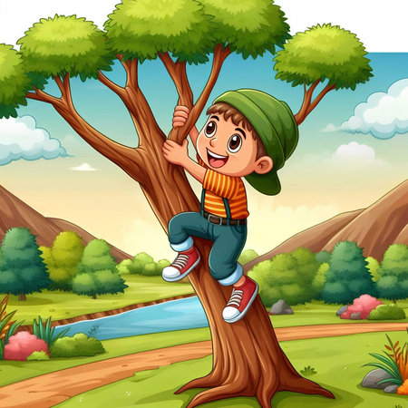 Illustration of a young boy climbing on a tree at the parkの素材