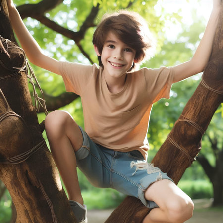 Cute little boy sitting on a tree in the park and smilingの素材