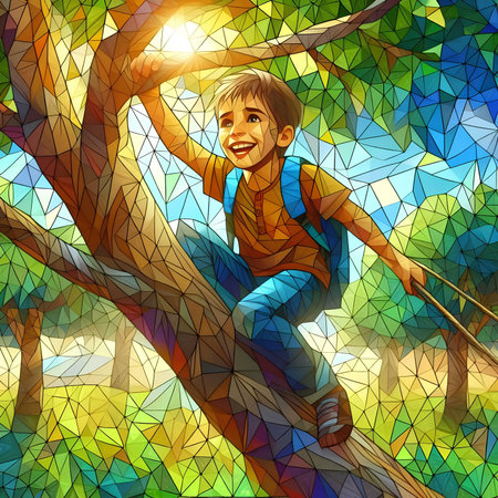 Cute little boy climbing on a tree in the park. Digital illustration.の素材