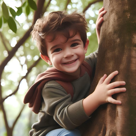 Little boy smiling and leaning against tree in park, closeup viewの素材