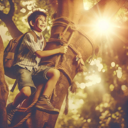 happy asian boy sitting on a tree with backpack and looking at cameraの素材