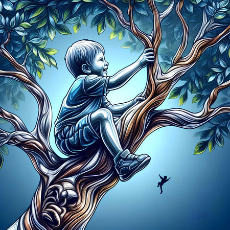 Little boy sitting on a tree. Vector illustration for your design.の素材