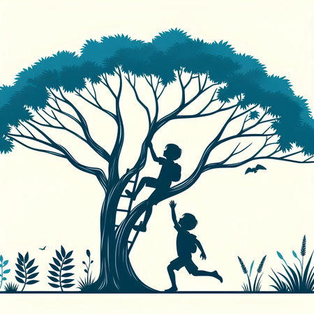 Silhouette of children playing under the tree. Vector illustration.の素材