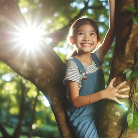 Portrait of a little girl standing on a tree in the parkの素材