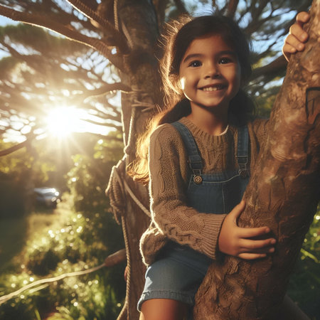 Little asian girl sitting on a tree in the park with sunlightの素材