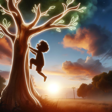 Little boy jumping on a tree in the field at sunset. 3d renderの素材