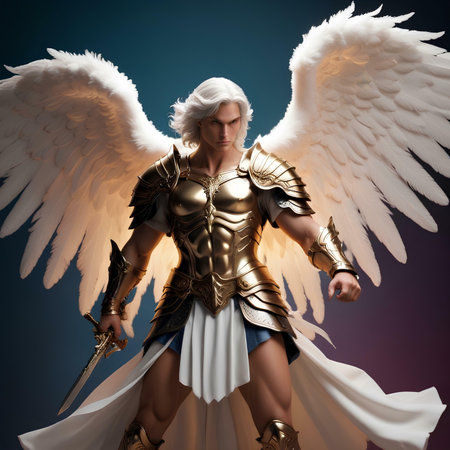 Beautiful woman warrior with white wings and sword on a dark backgroundの素材