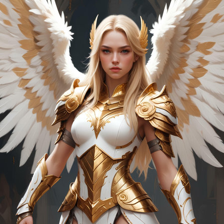 Beautiful blonde woman with angel wings and armor. Fantasy portrait.の素材