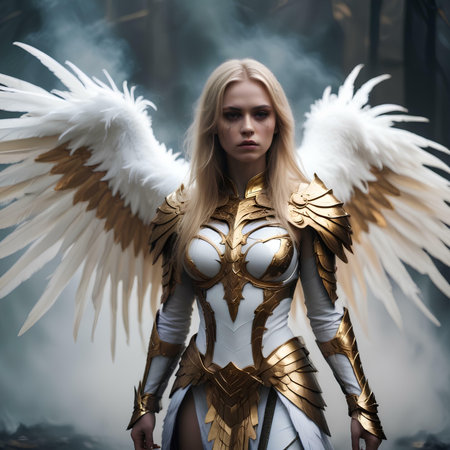 3d rendering of a fantasy warrior girl in armor and with wingsの素材