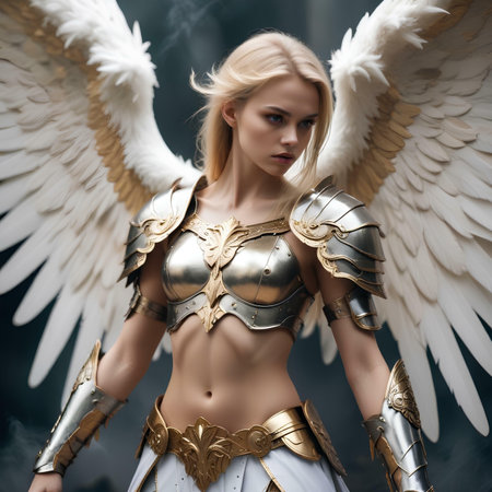 Beautiful blonde girl with wings and armor on a dark background.の素材