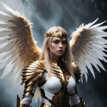 Beautiful blonde girl in the image of an angel with wings and a crownの素材
