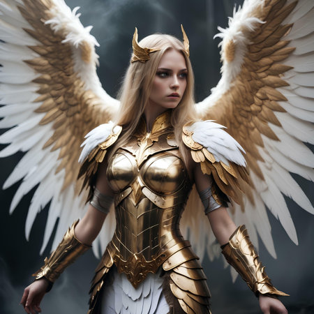 Warrior woman with golden wings and armor. Fantasy portrait of a female warrior.の素材