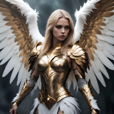 Warrior amazon woman with wings and golden armor. Fantasy art.の素材
