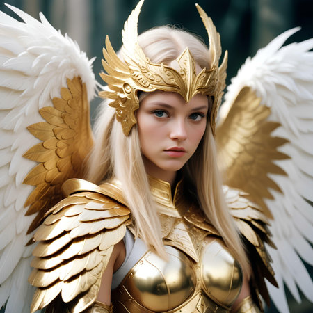 Portrait of a beautiful blonde girl in a golden helmet with wingsの素材