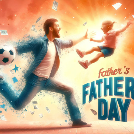 Father and daughter playing soccer. Happy Father's Day card. Vector illustration.の素材